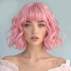 Short Pink Wavy Bob Wig with Bangs 12" Heat Resistant Synthetic Hair Hiaysan
